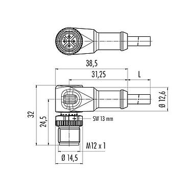Dibujo a escala M12 Conector macho en ángulo, Número de contactos: 5, sin blindaje, moldeado en el cable, IP68/IP69K, PUR, negro, 5 x 0,34 mm², para aplicaciones de soldadura, 10 m