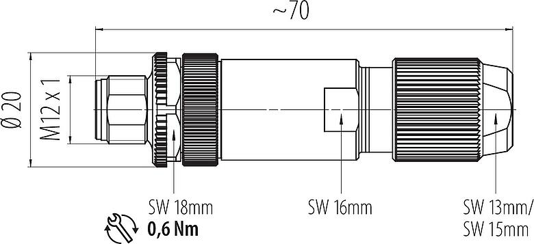 Scale drawing M12 Male cable connector, Contacts: 4, 5.0-8.0 mm, shieldable, screw clamp, IP67, UL 2238, iris spring