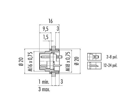 Scale drawing M16 Male panel mount connector, Contacts: 5 (05-b), unshielded, solder, IP67, UL 2238, M18x0,75, Front mounting