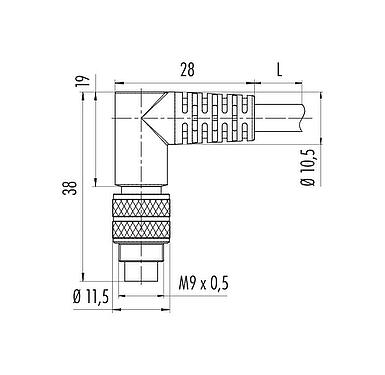 Scale drawing M9 Female angled connector, Contacts: 5, shielded, moulded on the cable, IP67, PUR, black, 5 x 0.25 mm², 2 m