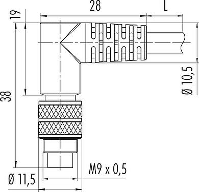 Dessin coté M9 Connecteur femelle coudé, Contacts: 4, blindé, surmoulé sur le câble, IP67, PUR, noir, 5 x 0,25 mm², 2 m