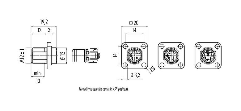 Dibujo a escala M12 Conector de montaje en panel macho cuadrado, Número de contactos: 5, sin blindaje, UL 2238, M3 (4x), Montaje frontal, Alineación de codificación posicionable