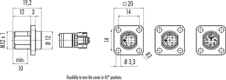 Dibujo a escala M12 Conector de montaje en panel macho cuadrado, Número de contactos: 5, sin blindaje, UL 2238, M3 (4x), Montaje frontal, Alineación de codificación posicionable