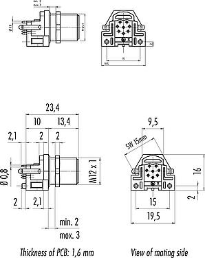 Dibujo a escala M12 Enchufe de brida, Número de contactos: 8, blindable, THR, IP68, UL 2238, M12x1,0, Montaje en pared, para montaje de PCB