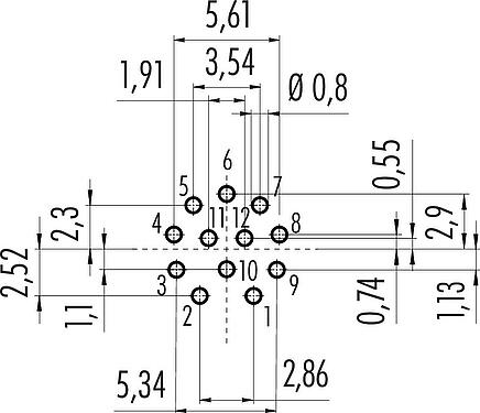 Conductor layout M12 Female panel mount connector, Contacts: 12, unshielded, THT, IP68, UL 2238, PG 9, Front mounting
