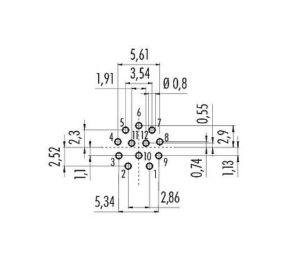 Conductor layout 86 0632 1100 00012 - M12 Female panel mount connector, Contacts: 12, unshielded, THT, IP68, UL 2238, M16x1.5, rear mounting