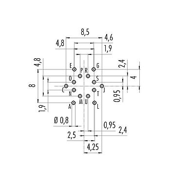 Conductor layout 09 0053 90 14 - M16 Male panel mount connector, Contacts: 14 (14-b), unshielded, THT, IP40, front fastened