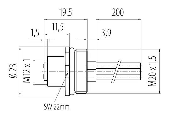 Dibujo a escala M12 Toma de brida, Número de contactos: 4, sin blindaje, hilos, IP68, UL 2238, M20x1,5, Montaje frontal, moldeado
