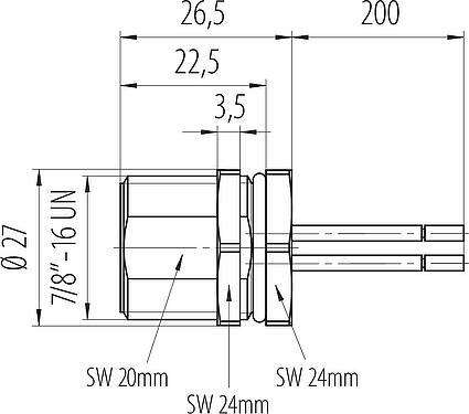 Dessin coté 7/8" Embase mâle, Contacts: 4, non blindé, fils, IP68, UL 2238, VDE, Montage frontal, coulé