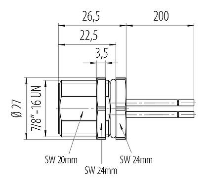 Dibujo a escala 7/8" Enchufe de brida, Número de contactos: 4+PE, sin blindaje, hilos, IP68, UL 2238, VDE, Montaje frontal, moldeado