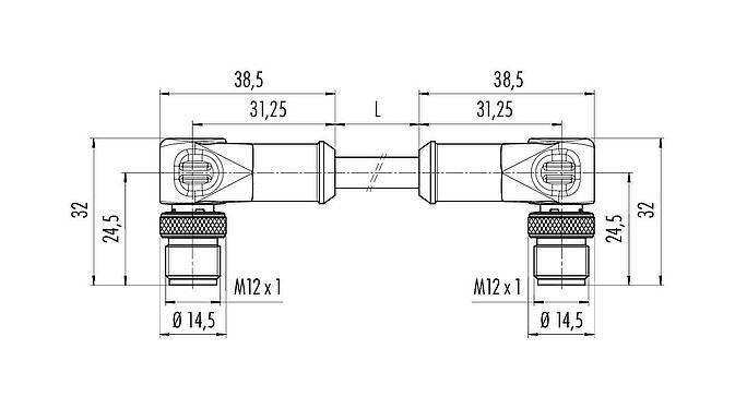 Dibujo a escala M12 cable de conexión 2 conector macho en ángulo, Número de contactos: 8, blindado, moldeado en el cable, IP67, Ethernet CAT5e, TPE, negro, 4 x 2 x AWG 24, 3 m