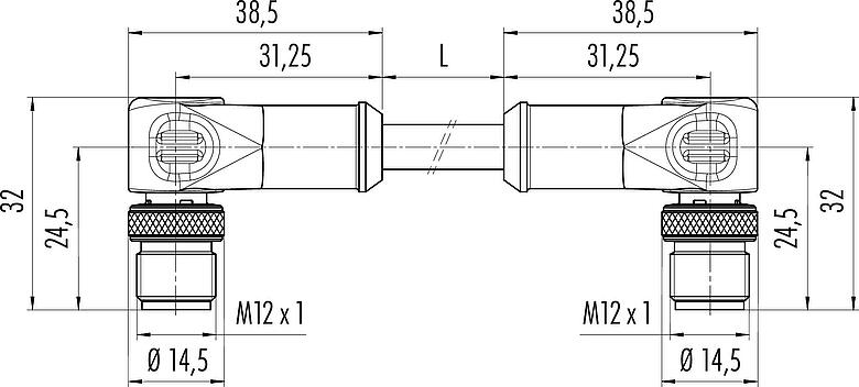 Dessin coté M12 câble de raccordement 2 connecteur mâle coudé, Contacts: 8, blindé, surmoulé sur le câble, IP67, Ethernet CAT5e, TPE, bleu/vert, 4 x 2 x AWG 24, 2 m