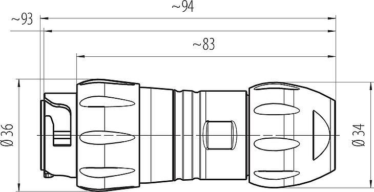 Dessin coté Baïonnette Connecteur mâle, Contacts: 4+PE, non blindé, pince à visser, IP67, UL 2238 (en préparation), résistant aux UV