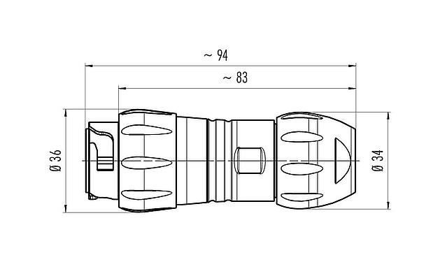 Dibujo a escala Bayoneta Conector de cable macho, Número de contactos: 4+PE, 7,0-17,0 mm, sin blindaje, crimpado (los contactos de crimpado deben pedirse por separado), IP68/IP69K, UL 2238, VDE, UV-Beständig