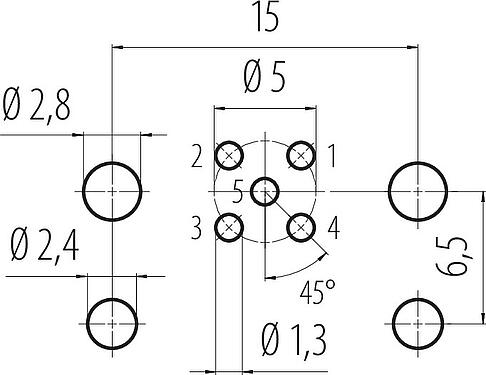 Conductor layout M12 Male panel mount connector, Contacts: 5, unshielded, THR, IP68, UL 2238, M12x1.0, Rear mounting, for PCB assembly