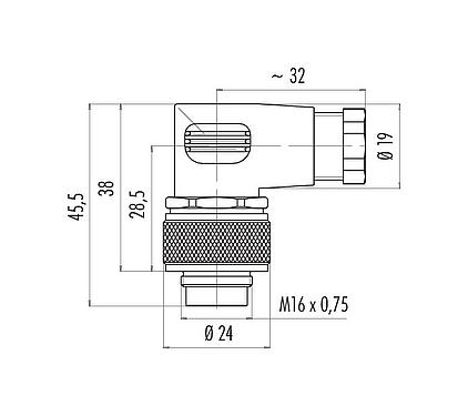 Scale drawing M16 Male angled connector, Contacts: 8 (08-a), 6.0-8.0 mm, unshielded, solder, IP67