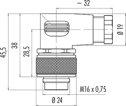 Dessin coté M16 Connecteur mâle coudé, Contacts: 12 (12-a), 6,0-8,0 mm, non blindé, souder, IP67