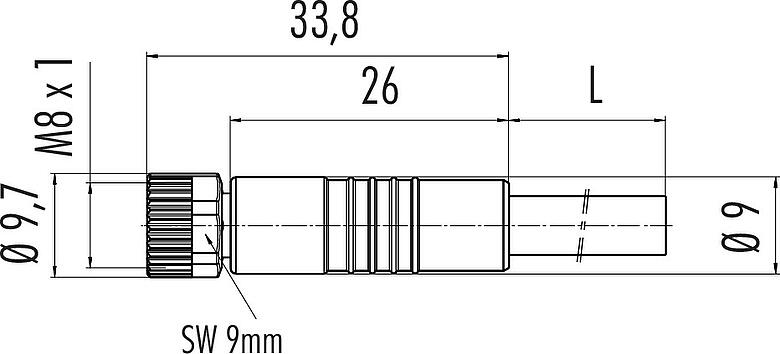 Scale drawing M8 Female cable connector, Contacts: 4, unshielded, moulded on the cable, IP67/IP69K, UL 2238, PVC, grey, 4 x 0.34 mm², 2 m