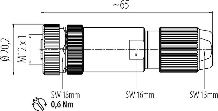 Scale drawing M12 Female cable connector, Contacts: 4, 5.0-8.0 mm, shieldable, screw clamp, IP67, UL 2238, iris spring