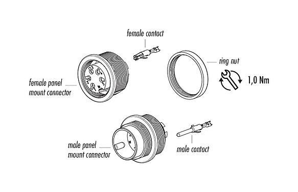 Component part drawing M16 Female panel mount connector, Contacts: 6 (06-a), unshielded, crimping (Crimp contacts must be ordered separately), IP40, M18x0,75, Front mounting