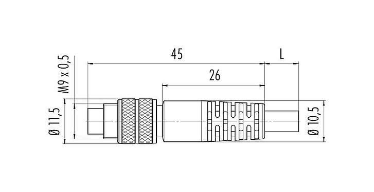 Scale drawing M9 Male cable connector, Contacts: 8, shielded, moulded on the cable, IP67, PUR, black, 8 x 0.14 mm², 2 m