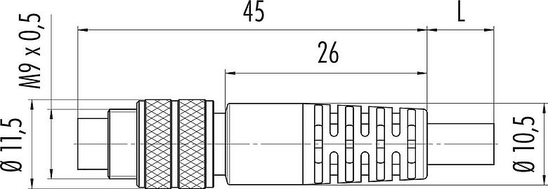 Scale drawing M9 Male cable connector, Contacts: 5, shielded, moulded on the cable, IP67, PUR, black, 5 x 0.25 mm², 2 m