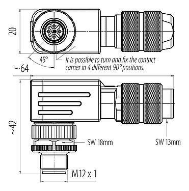 Dessin coté 99 3727 820 04 - M12 Connecteur mâle coudé, Contacts: 4, 5,0-8,0 mm, blindable, pince à visser, IP67, UL