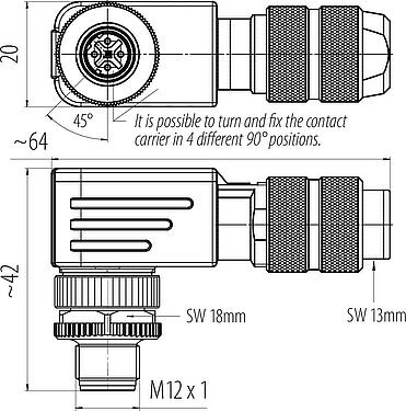 Scale drawing M12 Male angled connector, Contacts: 4, 5.0-8.0 mm, shieldable, screw clamp, IP67, UL 2238, iris spring