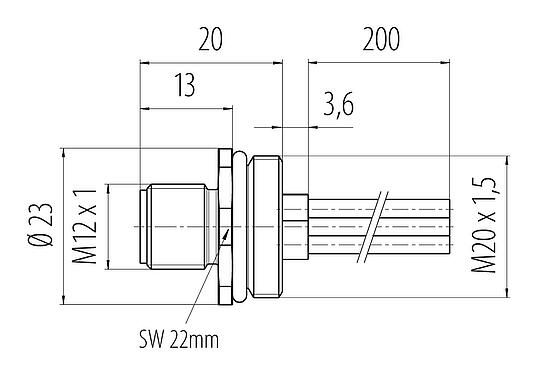 Dibujo a escala M12 Enchufe de brida, Número de contactos: 4, sin blindaje, hilos, IP68, UL 2238, M20x1,5, Montaje frontal, moldeado