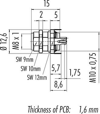 Scale drawing M8 Female panel mount connector, Contacts: 4, shieldable, THT, IP67, UL 2238, M10x0.75, Rear mounting, potted