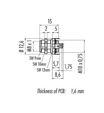Scale drawing 86 6618 1120 00006 - M8 Female panel mount connector, Contacts: 6, shieldable, THT, IP67, UL, M10x0.75, Front mounting
