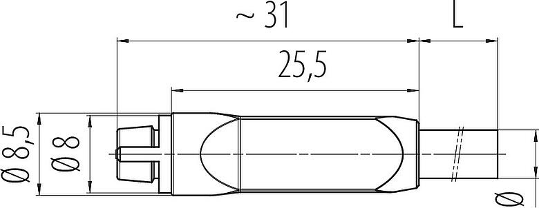 Dibujo a escala Snap-In Conector de cable hembra, Número de contactos: 4, sin blindaje, moldeado en el cable, IP40, PVC, negro, 4 x 0,25 mm², 5 m