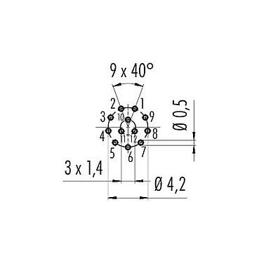 Conductor layout M8 Male panel mount connector, Contacts: 12, unshielded, THT, IP67/IP69K, UL 2238, M8x1.0, Rear mounting, screwable from the front, potted
