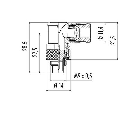 Scale drawing M9 Male angled connector, Contacts: 7, 3.5-5.0 mm, unshielded, solder, IP67