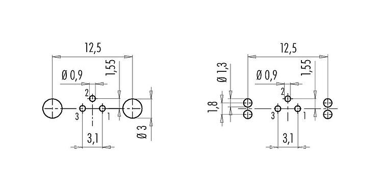 Conductor layout M9 Male panel mount connector, Contacts: 3, shieldable, THT, IP67, M12x0.5, Rear mounting, potted