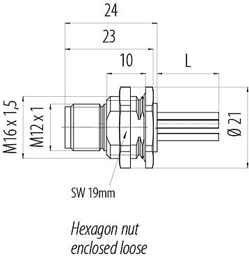Dibujo a escala M12 Enchufe de brida, Número de contactos: 5, sin blindaje, hilos, IP68, UL 2238, M16x1,5, Montaje en pared