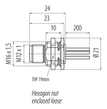 Scale drawing M12 Male panel mount connector, Contacts: 5, unshielded, single wires, IP68, UL 2238, M16x1.5, Rear mounting