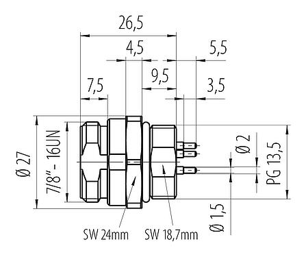 Dessin coté 7/8" Embase mâle, Contacts: 4+PE, non blindé, THT, IP68, UL 2238, VDE, Montage frontal, coulé