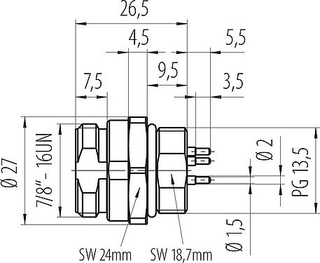 Dessin coté 7/8" Embase mâle, Contacts: 2+PE, non blindé, THT, IP68, UL 2238, VDE, Montage frontal, coulé