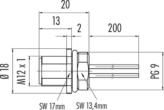 Scale drawing M12 Male panel mount connector, Contacts: 5, unshielded, single wires, IP67, UL 2238, VDE, PG 9, Front mounting, for the power supply, potted