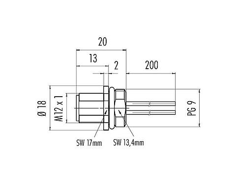 Scale drawing M12 Male panel mount connector, Contacts: 4, unshielded, single wires, IP67, UL 2238, VDE, PG 9, Front mounting, for the power supply, potted