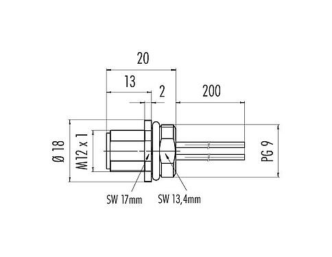 Scale drawing 09 3441 433 05 - M12 Male panel mount connector, Contacts: 5, unshielded, single wires, IP67, UL, VDE, PG 9, for the power supply