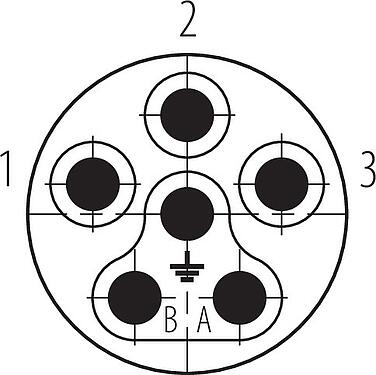 Disposition des contacts (Côté plug-in) Baïonnette Connecteur mâle, Contacts: 6 (3+PE+2), 7,0-14,0 mm, blindable, pince à visser, IP67 enfiché et verrouillé, UL 2237
