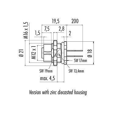 Scale drawing M12 Female panel mount connector, Contacts: 4, unshielded, single wires, IP68/IP69K, UL 2238, M16x1.5, Rear mounting