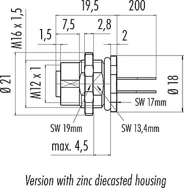 Scale drawing M12 Female panel mount connector, Contacts: 5, unshielded, single wires, IP68/IP69K, UL 2238, M16x1.5, Rear mounting