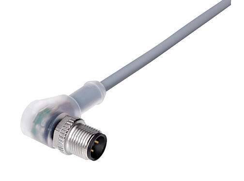 Illustration 77 3627 0000 20003-0500 - M12 Male angled connector, Contacts: 3, unshielded, moulded on the cable, IP69K, UL, PVC, grey, 3 x 0.34 mm², with LED PNP closer, 5 m