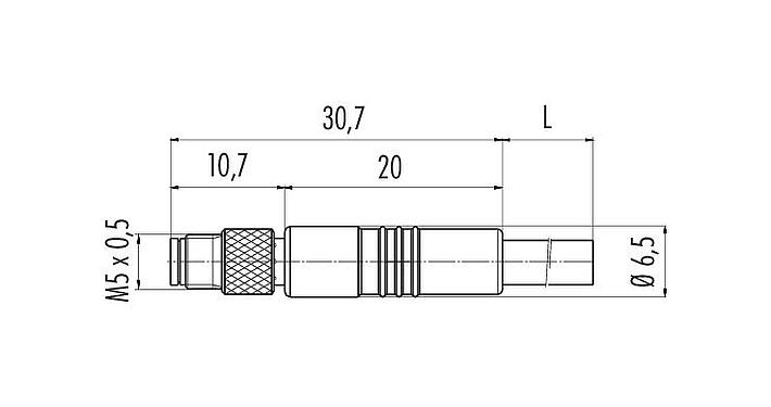 Dibujo a escala 77 3459 0000 40003-0500 - M5 Conector de cable macho, Número de contactos: 3, sin blindaje, moldeado en el cable, IP67, UL 2238, M5x0,5, PUR, negro, 3 x 0,14 mm², 5 m