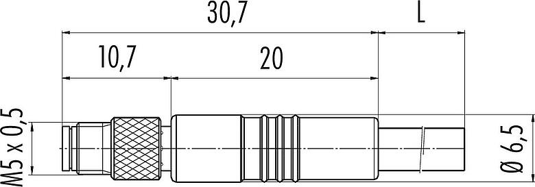 Dessin coté M5 Connecteur mâle, Contacts: 3, non blindé, surmoulé sur le câble, IP67, UL 2238, M5x0,5, PUR, noir, 3 x 0,25 mm², 2 m