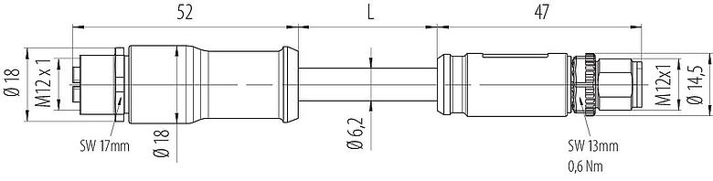 Scale drawing M12 Connecting cable male cable connector - female cable connector, Contacts: 8, shielded, moulded on the cable, IP67, M12x1.0, E-beam X-FRNCL/LSNH, blue, 5 m