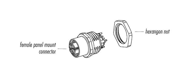 Component part drawing 09 3782 95 08 - M12 Female panel mount connector, Contacts: 8, shieldable, THT, IP67, UL, M16x1.5